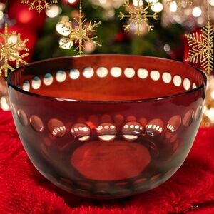 Elegant Red Cut Glass Bowl Ruby Cranberry Christmas Bohemian Polka Dots * Read *